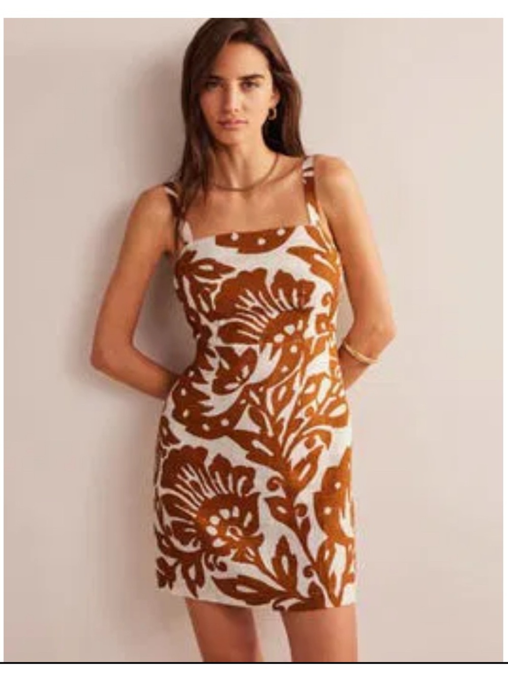 Boden Strappy Linen Mini Dress Burnt Orange Brown & White Floral Vacation Sz 6